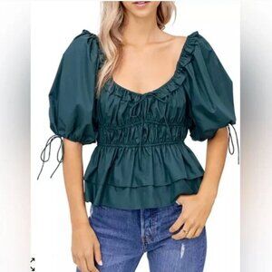En Saison Poplin Puff-Sleeve Top Dark Green size Medium